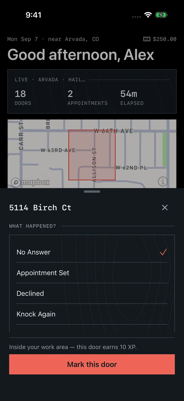 Overview’s door log with visit outcome choices