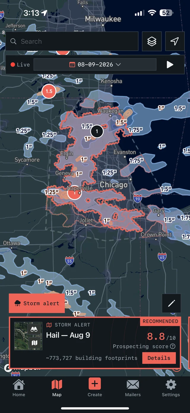 Overview iPhone hail map showing hail footprints and size estimates around Chicago