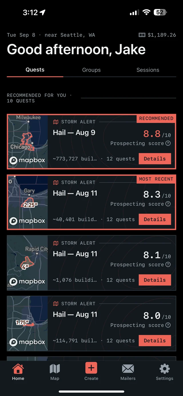 Overview Quests showing recommended prospecting areas and their Prospecting Scores