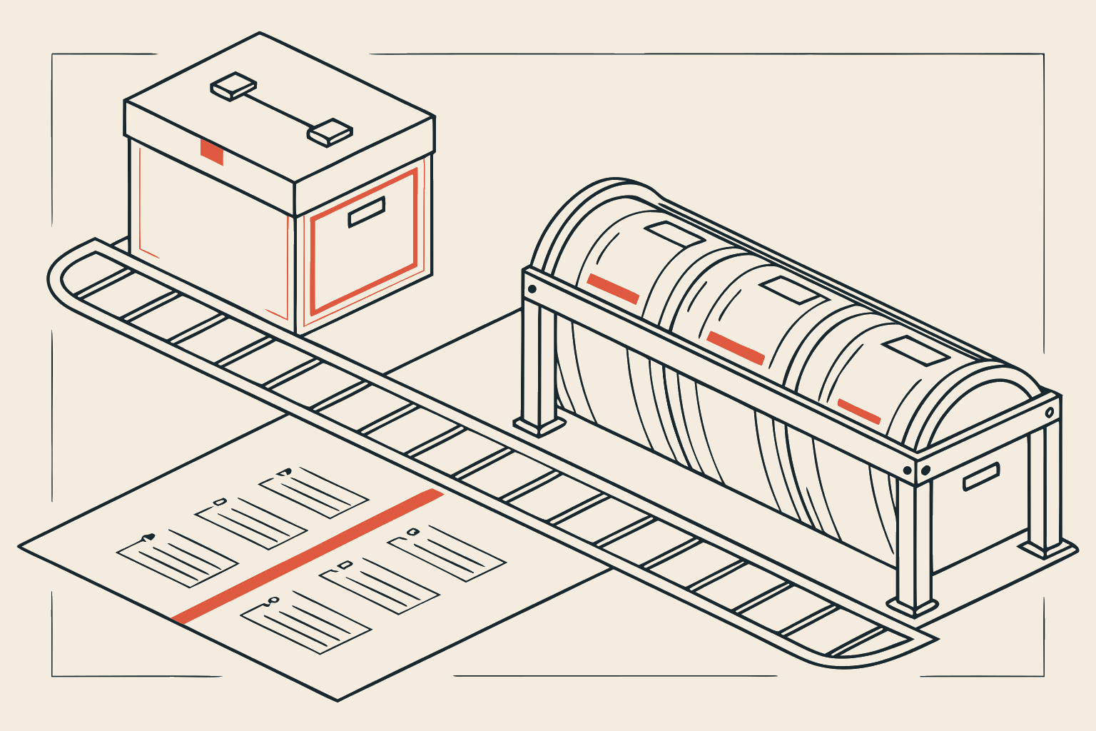 Technical line-diagram of roofing-lead packages on a conveyor with one option highlighted in coral