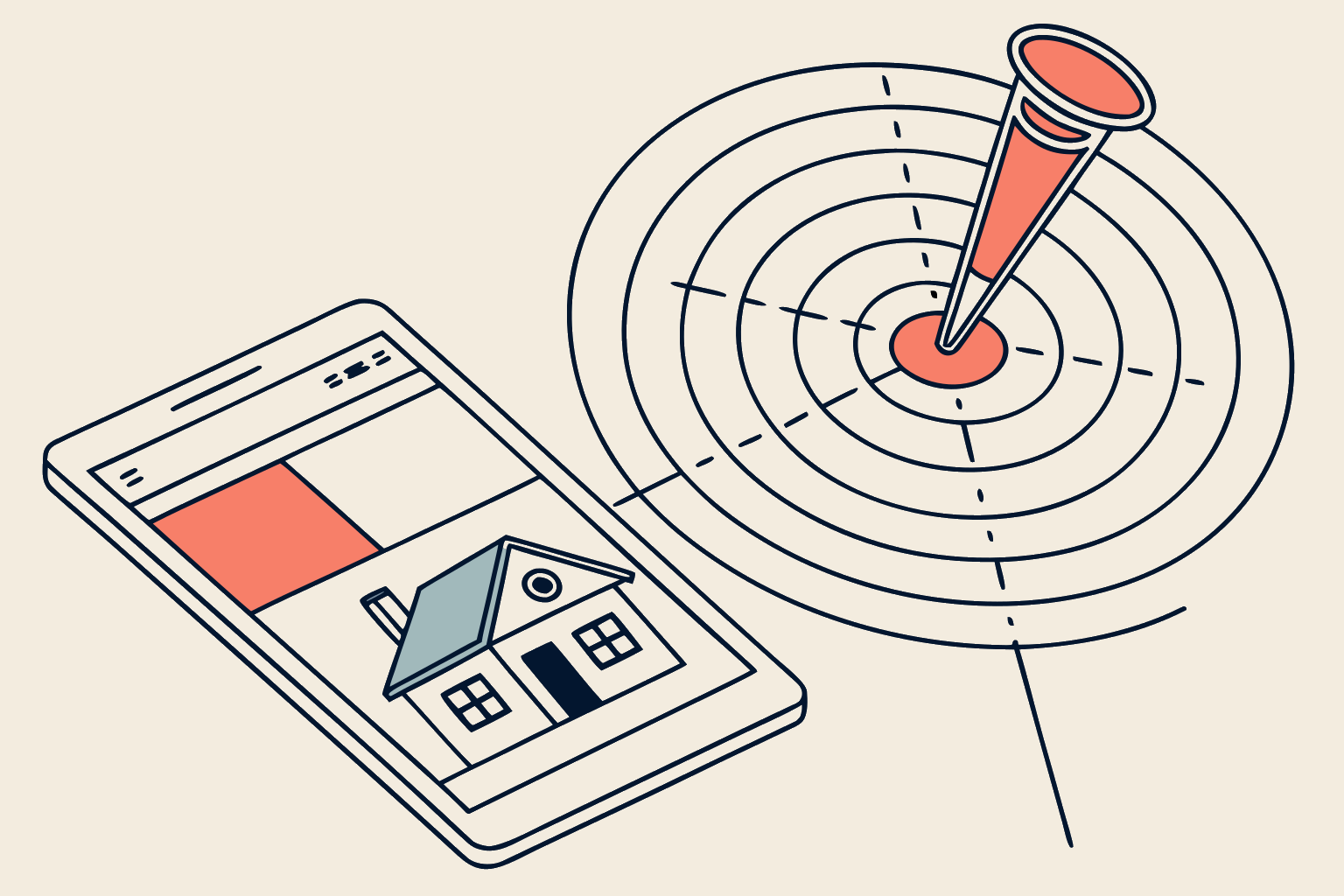 Technical line-diagram of a smartphone ad with radar targeting rings over a neighborhood