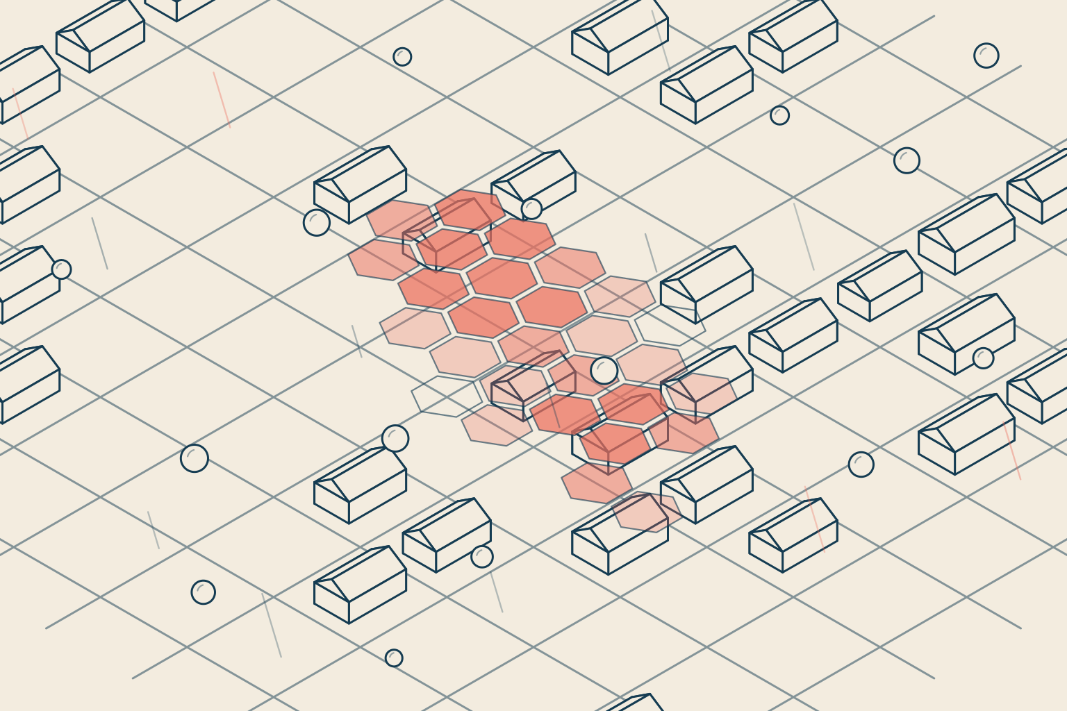 Isometric line diagram of a residential street grid of houses, with a hail storm footprint drawn over it as coloured hexagonal cells and hailstones falling onto the homes beneath
