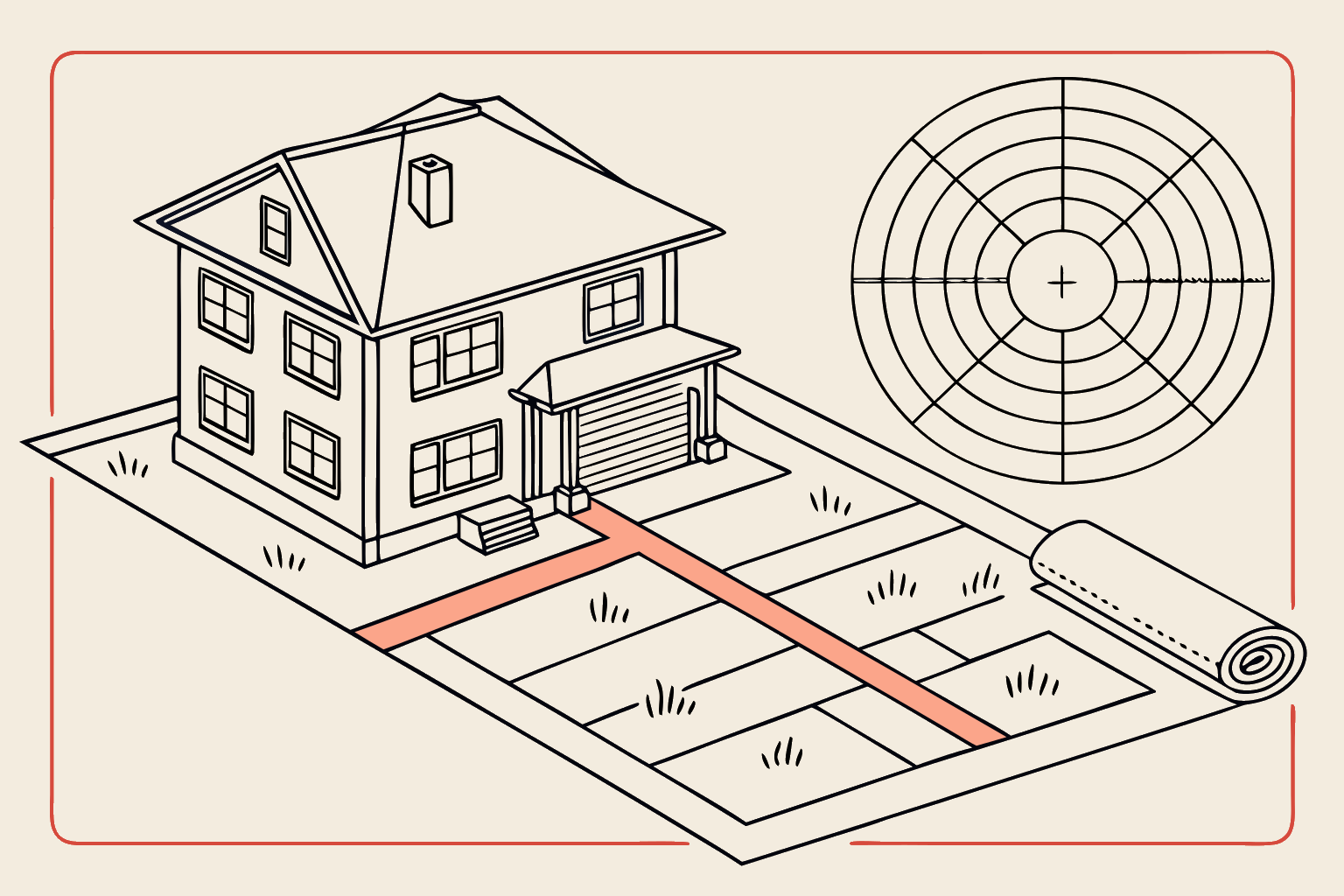 Technical line-diagram of a house with a radar dial and survey route mapping lead channels
