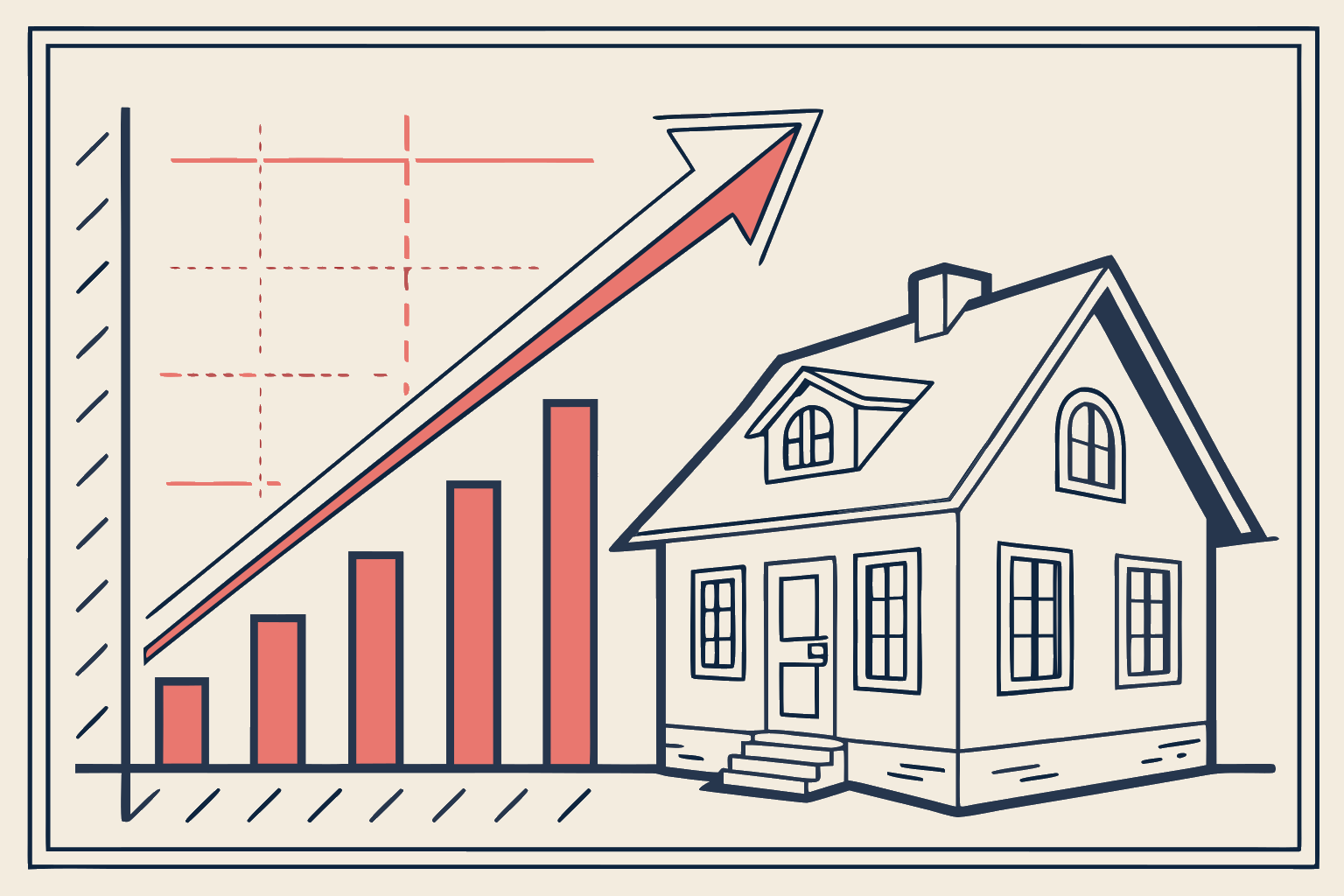 Technical line-diagram of a house beside a rising bar chart and a coral growth arrow