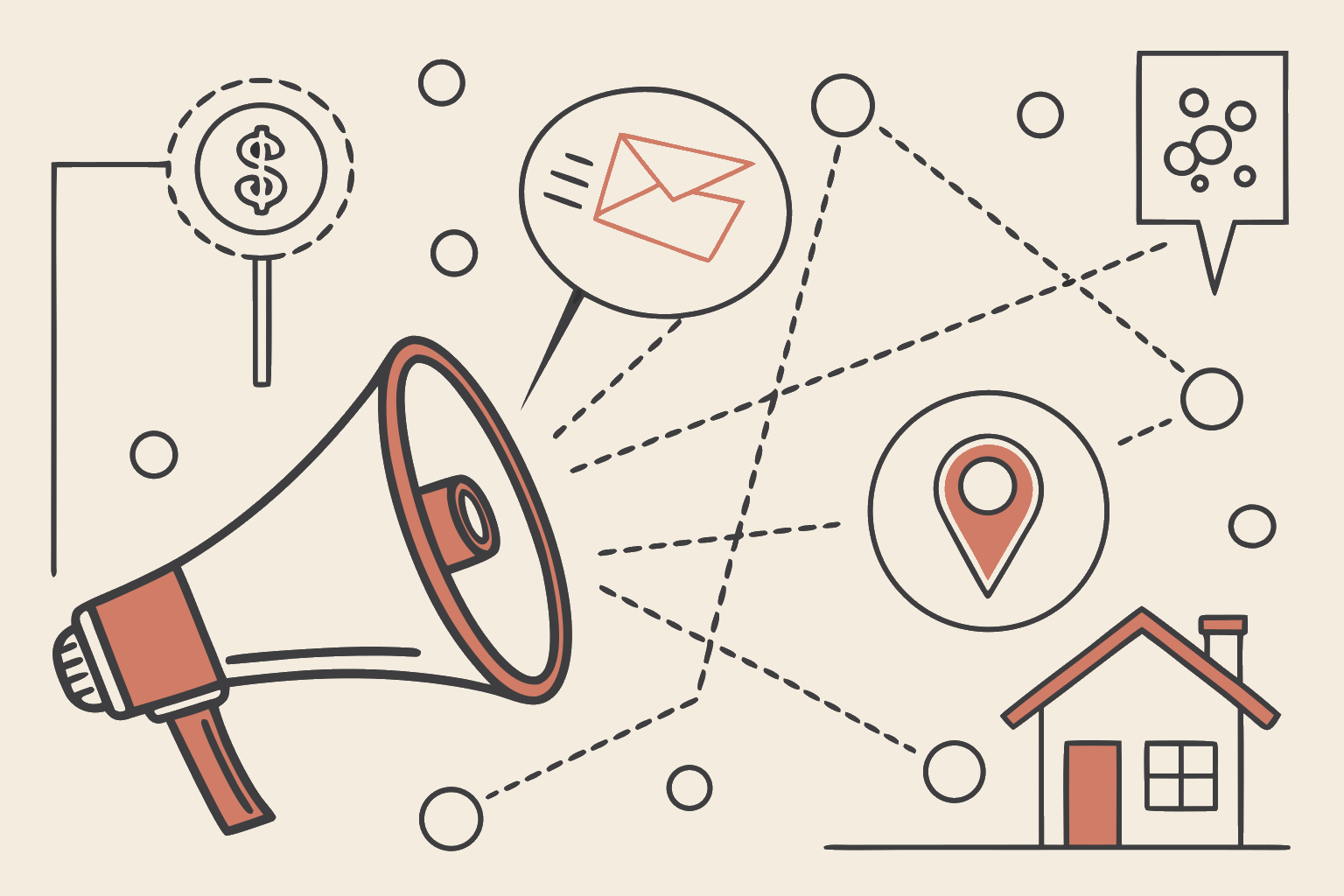 Technical line-diagram of a megaphone linked to marketing-channel icons