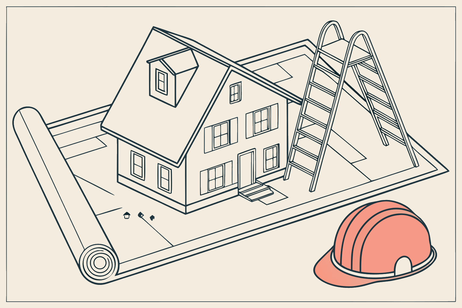 Technical line-diagram of a house on a blueprint with a ladder and a coral hard hat
