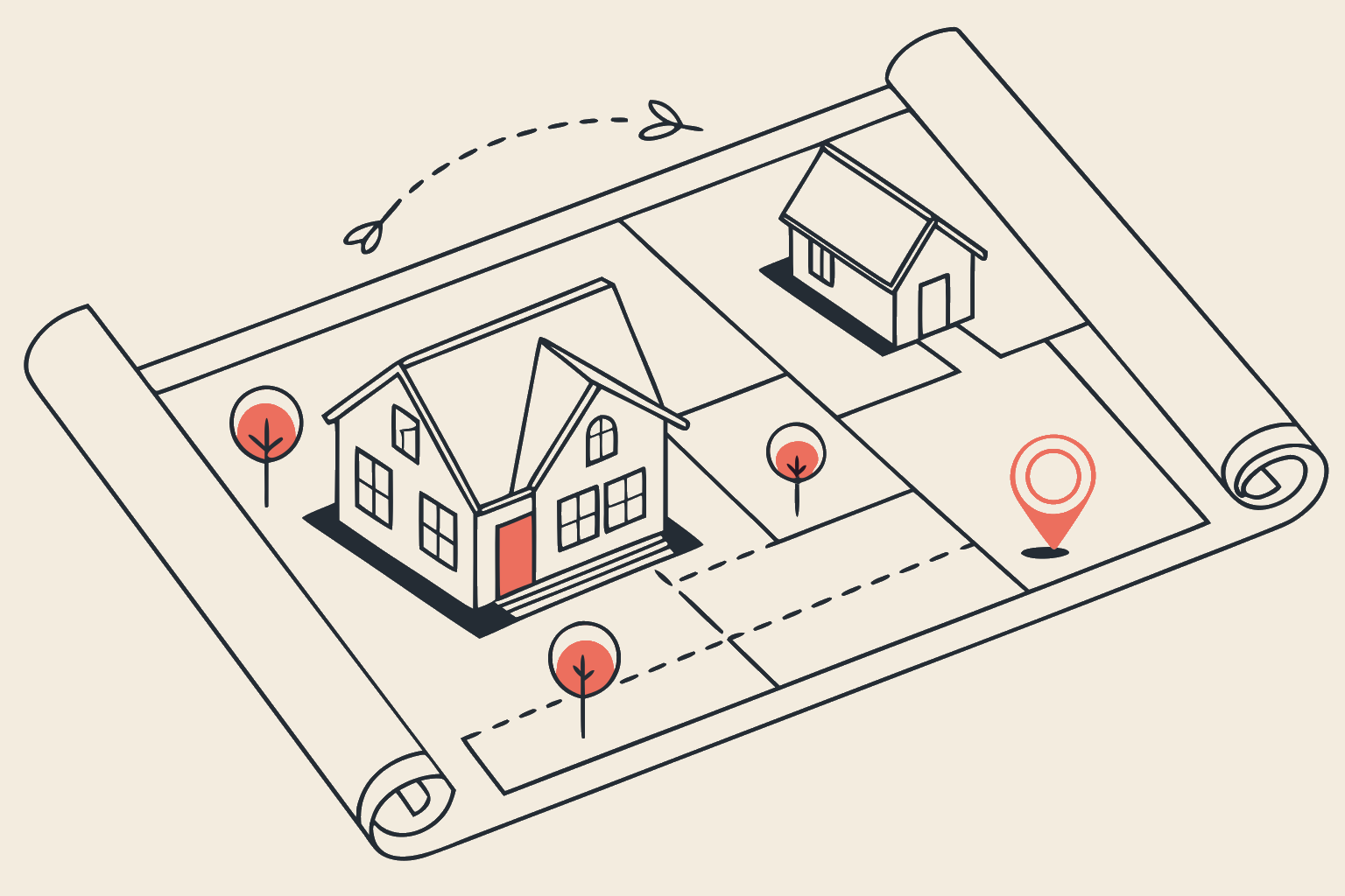 Technical line-diagram map with coral location pins marking high-probability houses along a route