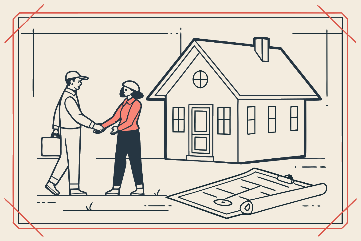 Technical line-diagram of two people shaking hands at a house with a contract