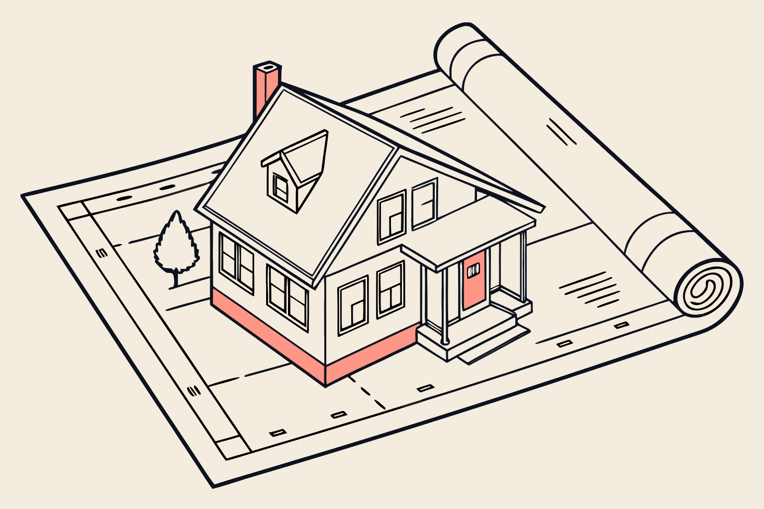 Technical line-diagram of a single house highlighted in coral on a blueprint, claimed exclusively