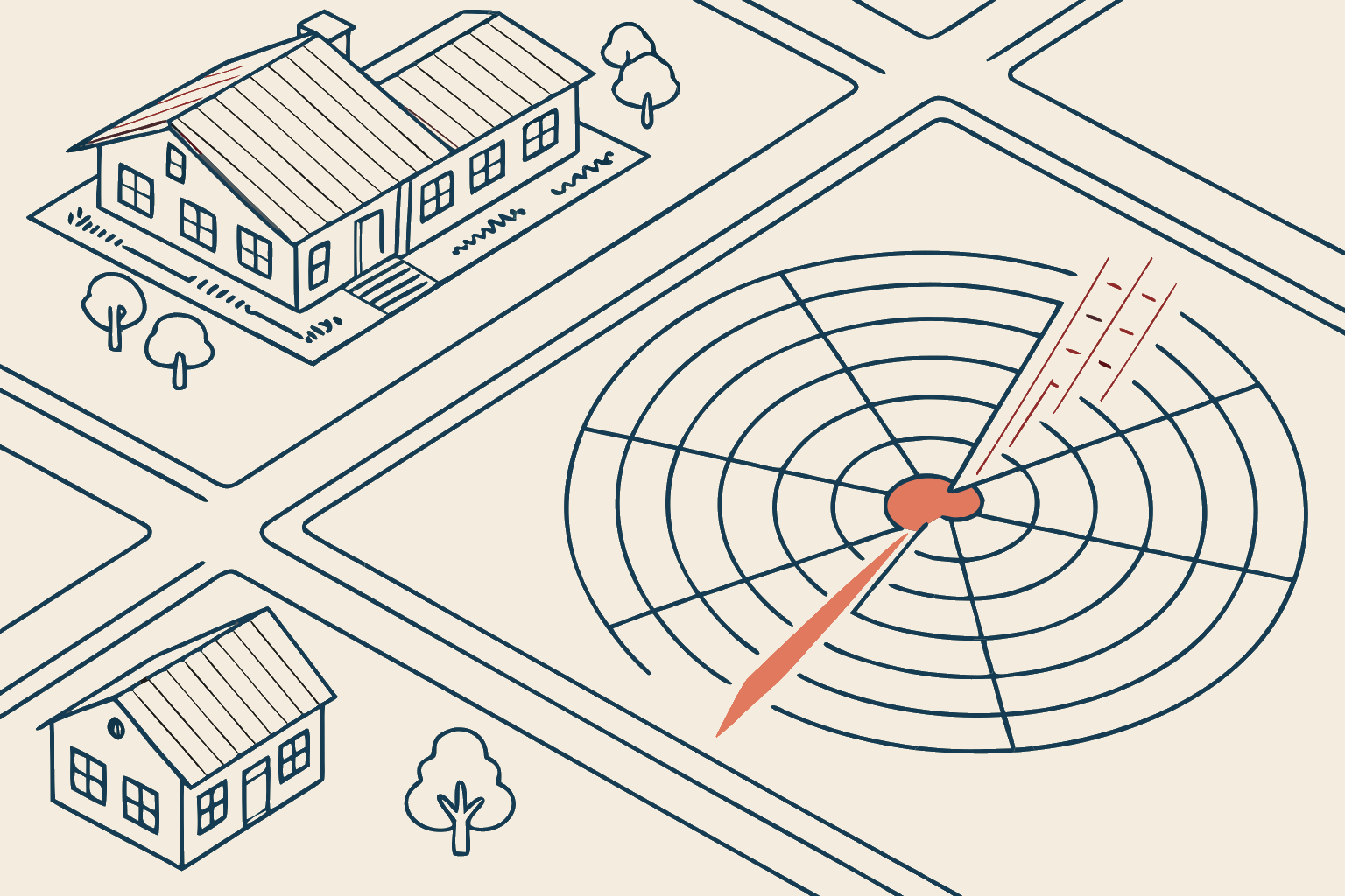 Technical line-diagram of a radar sweep scanning a neighborhood of rooftops for hail-hit homes